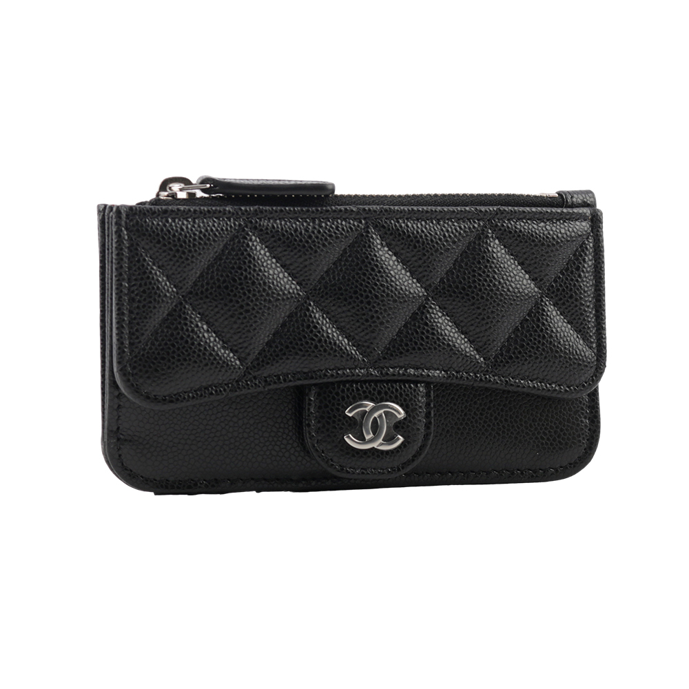【CHANEL】銀色CC Logo 牛皮一字拉鍊卡片夾/零錢包