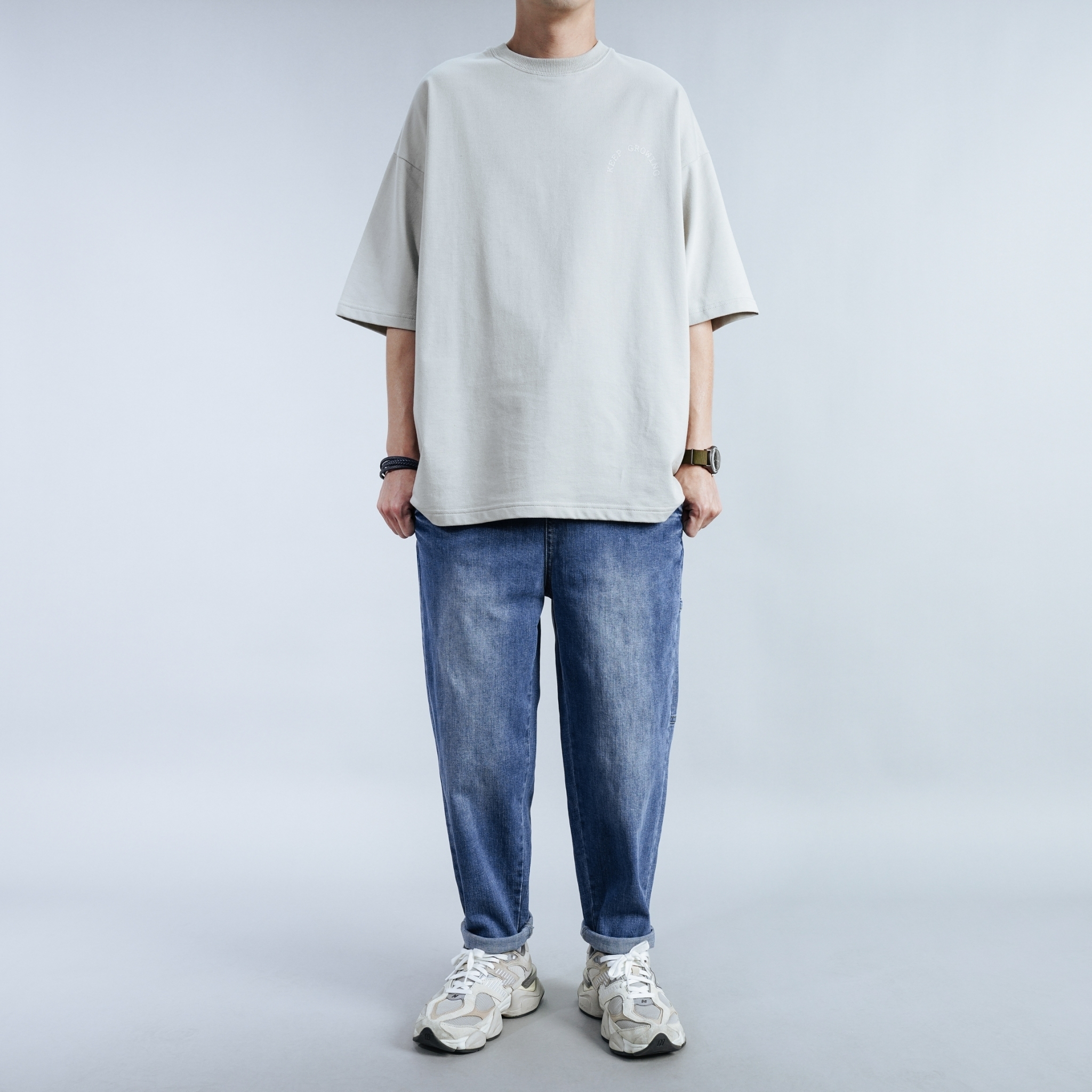 SBG 厚磅彈力拉鍊口袋牛仔長褲 078