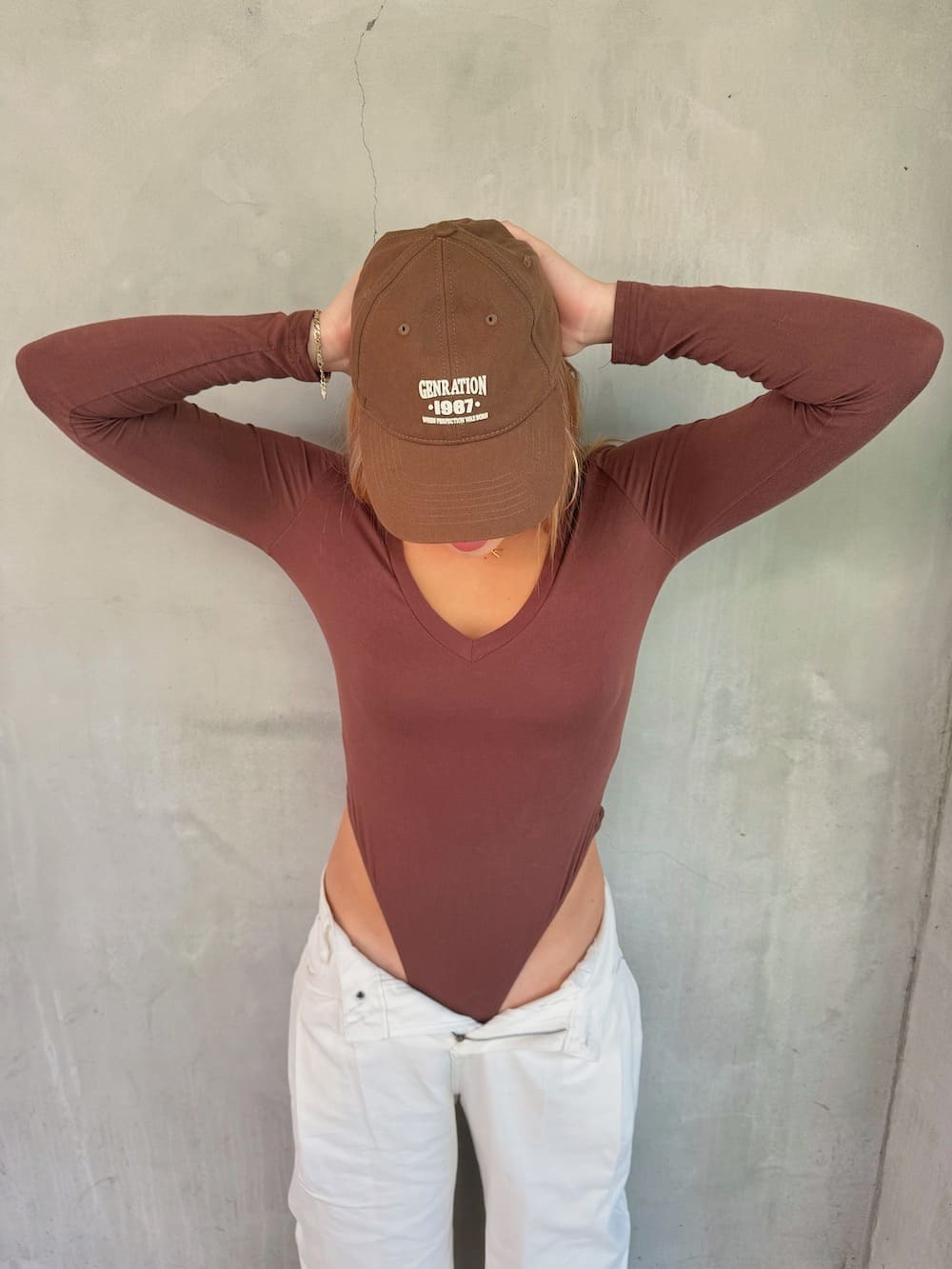 Ｖ字純色BODYSUIT/白Ｌ