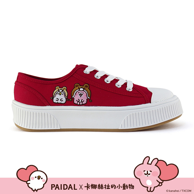 Paidal x 卡娜赫拉的小動物 熊熊帽綁帶厚底休閒鞋帆布鞋-紅