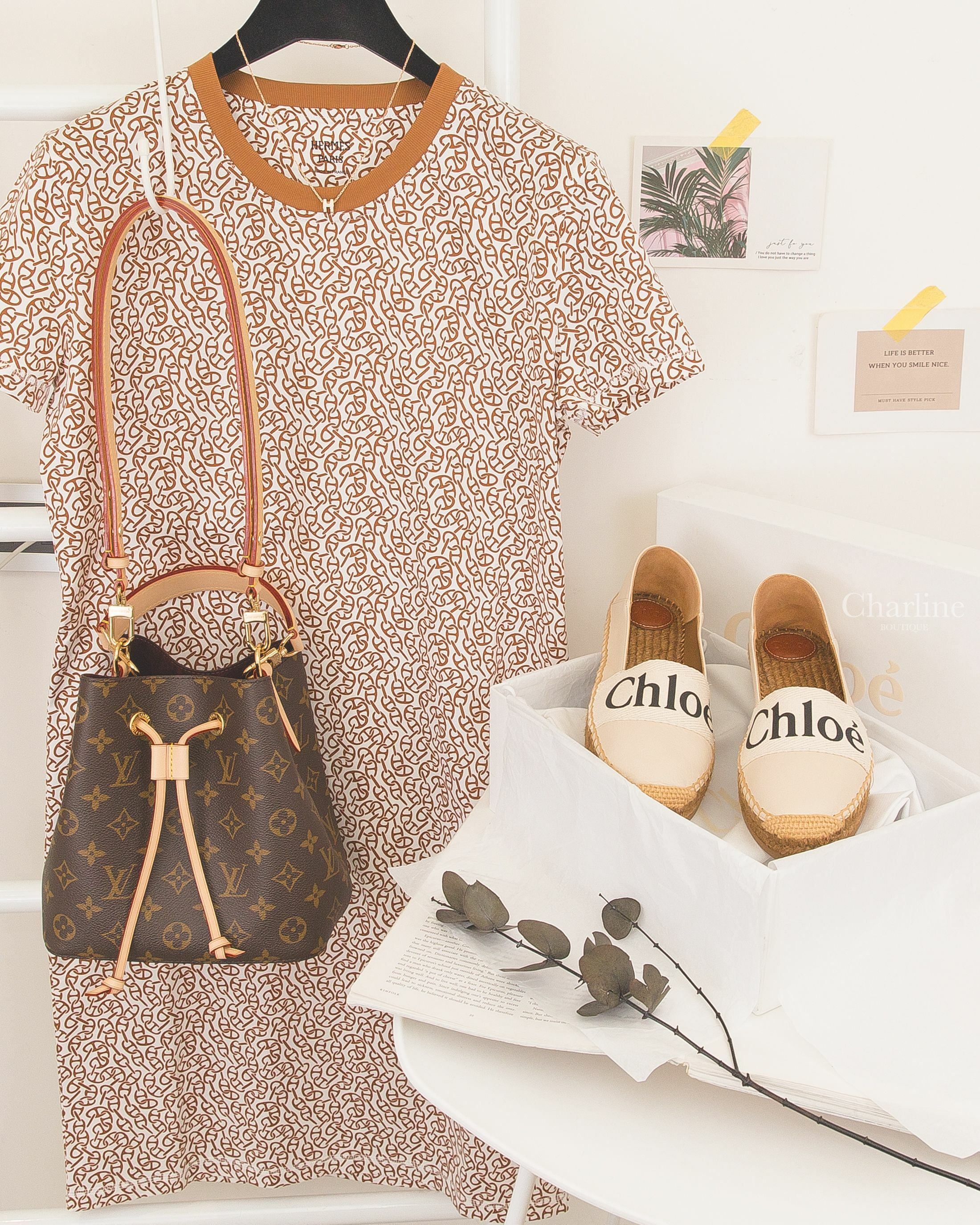 LV Néonoé BB 咖啡色老花帆布肩背包,Hermès Mini Pop 白色玫瑰金項鍊,Hermès Dress 栗棕色滿板豬鼻子洋裝,Chloe Espadrille 白底棉質黑字小牛皮草編鞋-Charline Boutique 精品代購