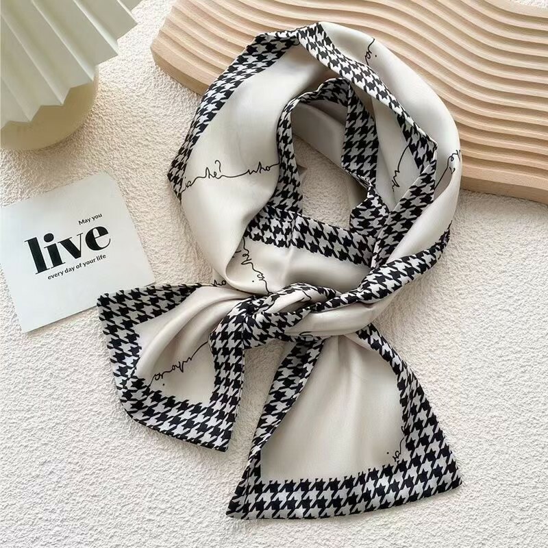 奶油風千鳥格紋雙面長條絲巾