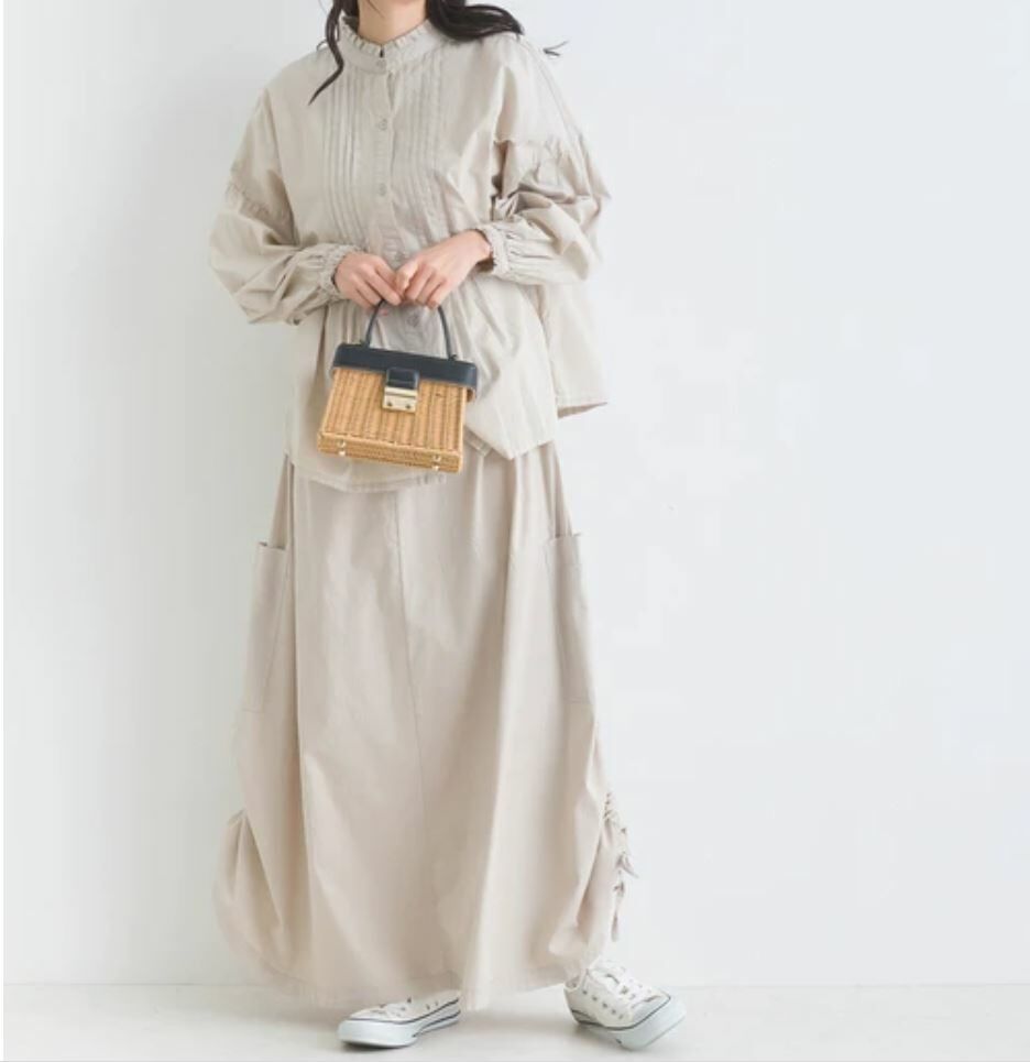 {預訂款} 側邊緞帶繭形半身長裙(兩色入)【日本直送】