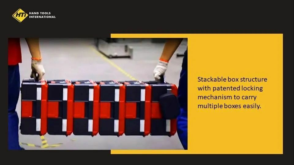 Stackable box structure with patented locking mechanism to carry multiple boxes easily.