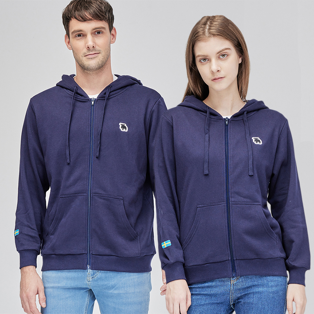 moz瑞典立體字刺繡駝鹿素色連帽外套-藏青(亞洲版) 男女款