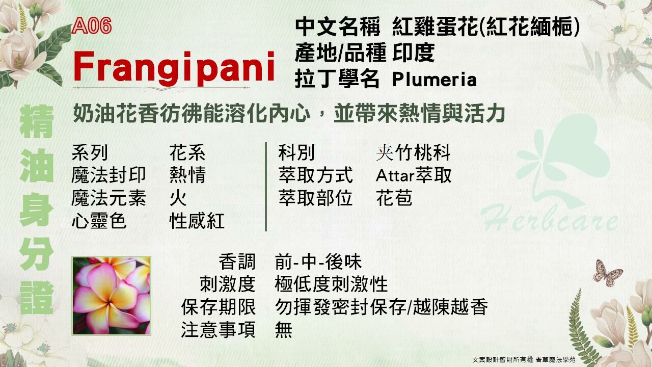 紅花緬梔(紅雞蛋花)檀香底Attar純精油