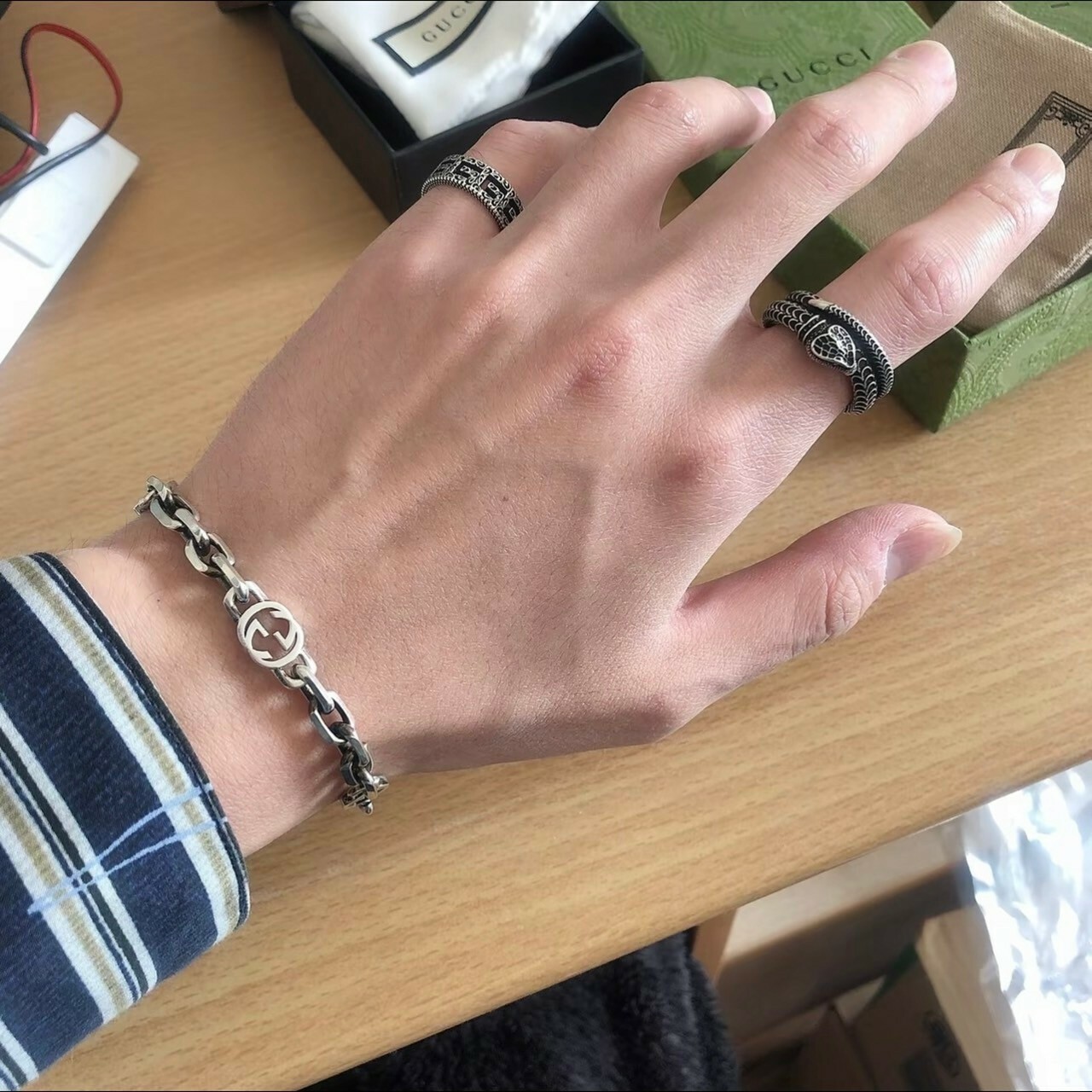 五折 GUCCI 經典款 做舊雙G Logo 純銀 手鍊 男女款 情侶款 手鏈