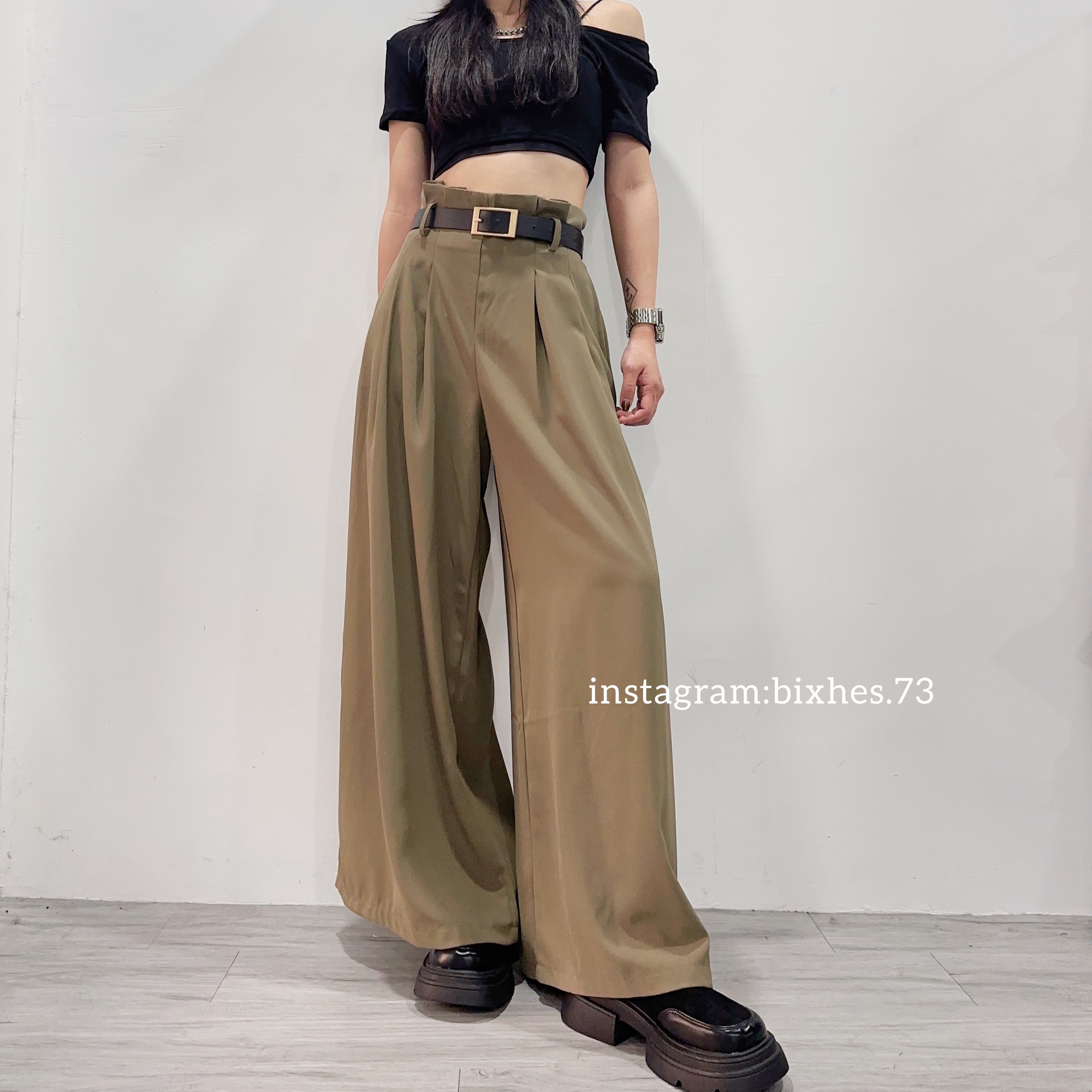 質感微花苞彈性寬褲(附皮帶)