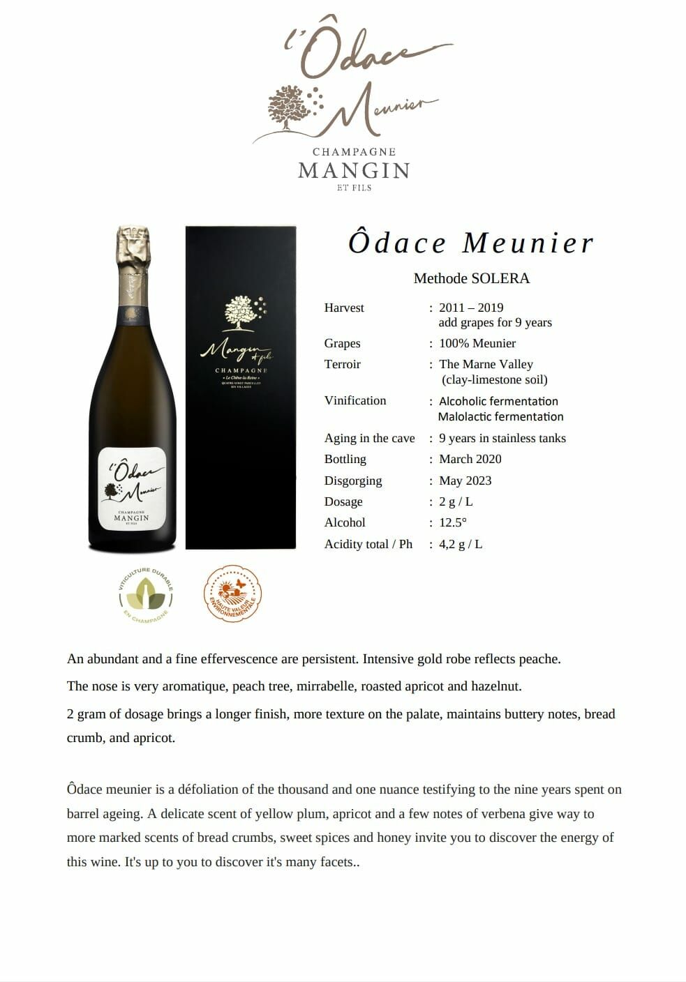 Mangin et Fils L'Ôdace Meunier - Methode Solera