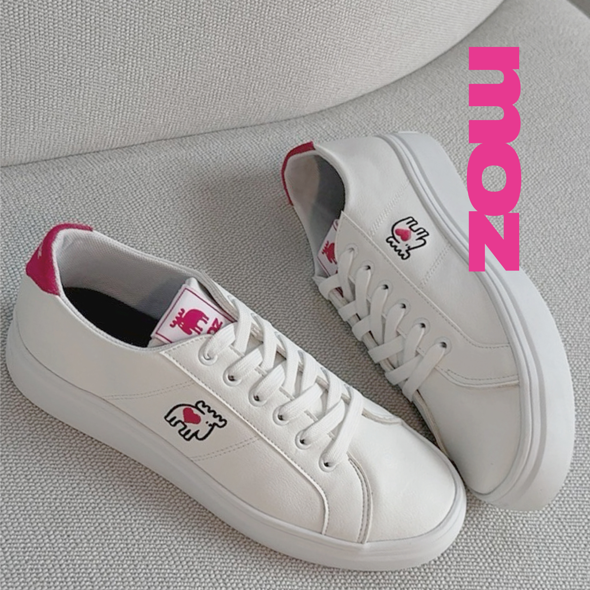 moz瑞典駝鹿 舒適皮質 愛心小白鞋 休閒鞋 (白/桃紅) 法式刺繡