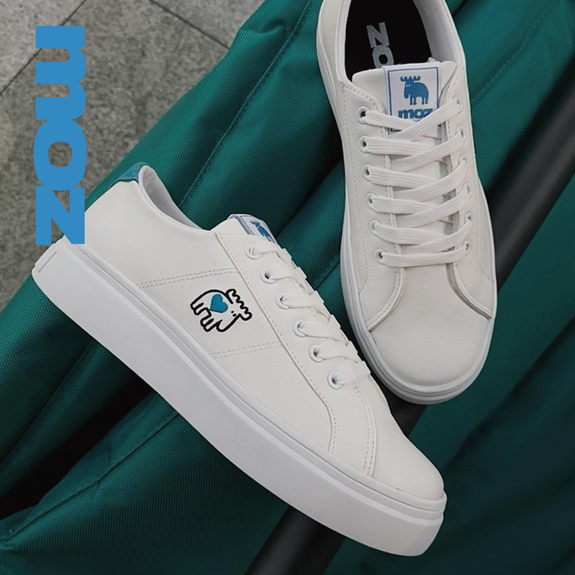 moz瑞典駝鹿 舒適皮質 愛心小白鞋 休閒鞋 (白/湖藍) 法式刺繡