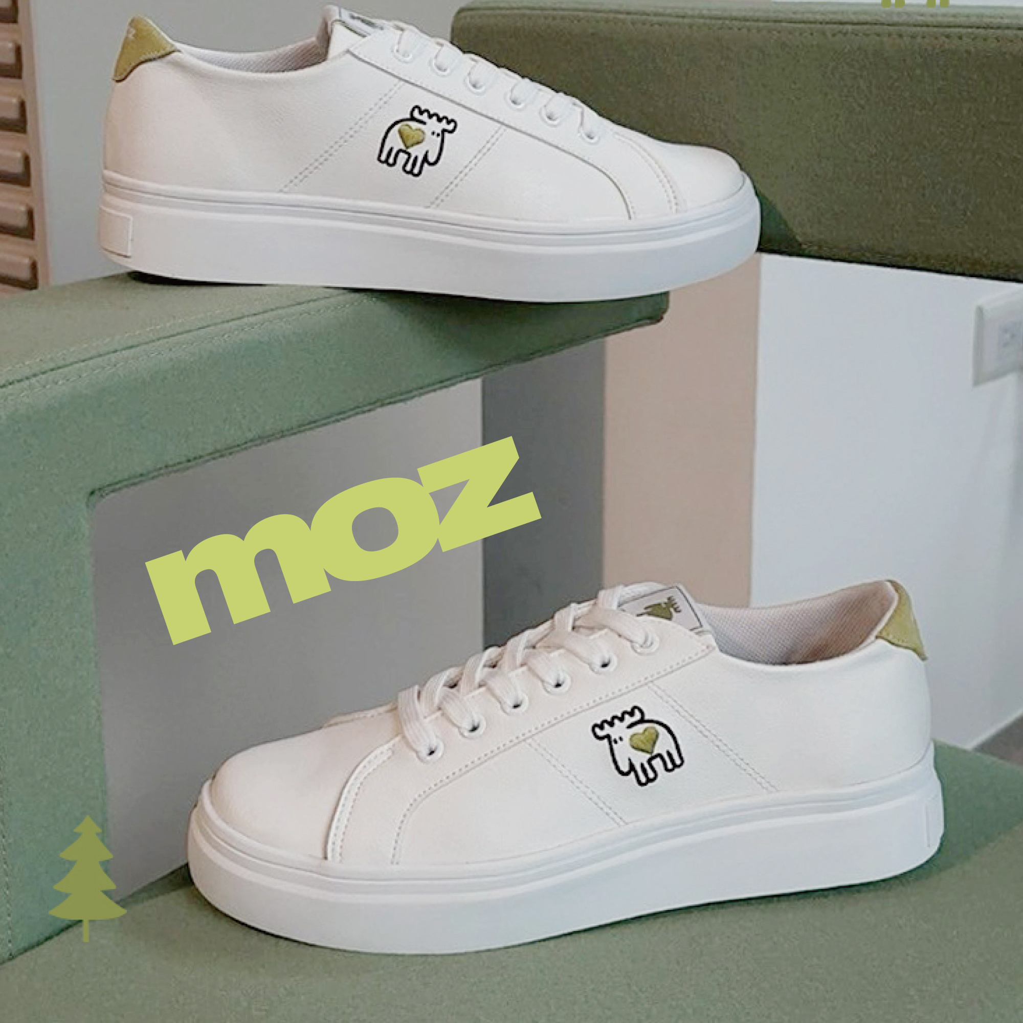 moz瑞典駝鹿 舒適皮質 愛心小白鞋 休閒鞋 (白/葡萄綠) 法式刺繡