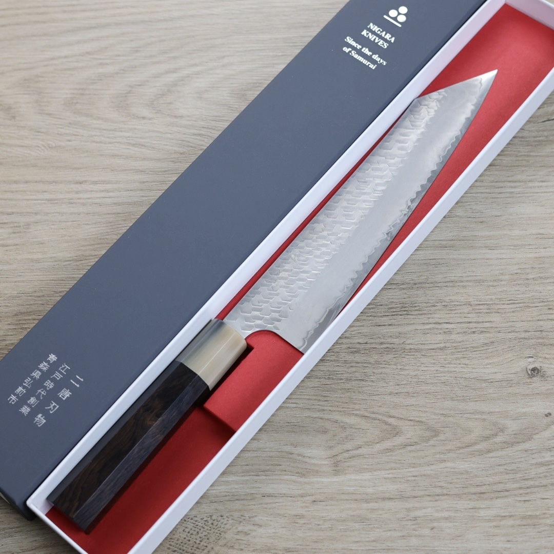 二唐刃物 切付牛刀 240mm SG2粉末HSS鋼 磨鎚目