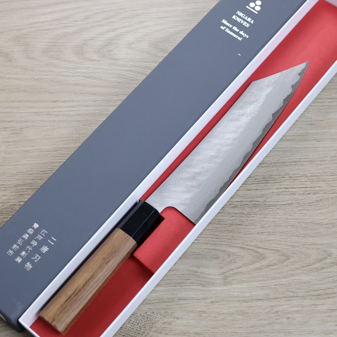 二唐刃物鍛造所 Nigara VG10 槌目 ダマスカス 切付牛刀 210mm 大阪銀