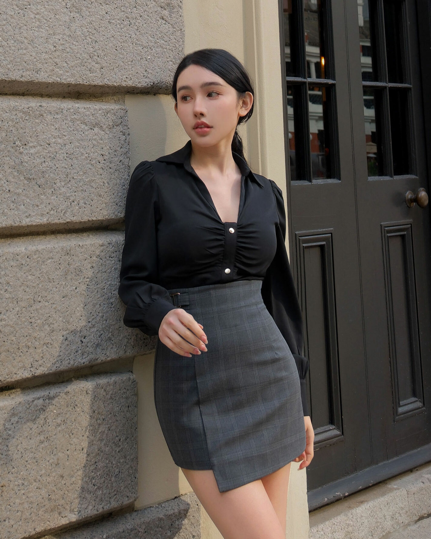 訂製-氣質金釦抓皺襯衫