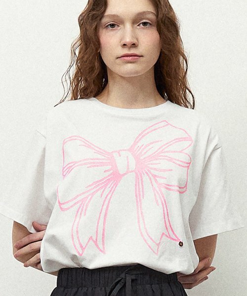 ◆RONRON◆ BIG RIBBON LINE T SHIRT WHITE MELANGE Buy Ronron Big Ribbon Line T-Shirt White Melange | SASOM