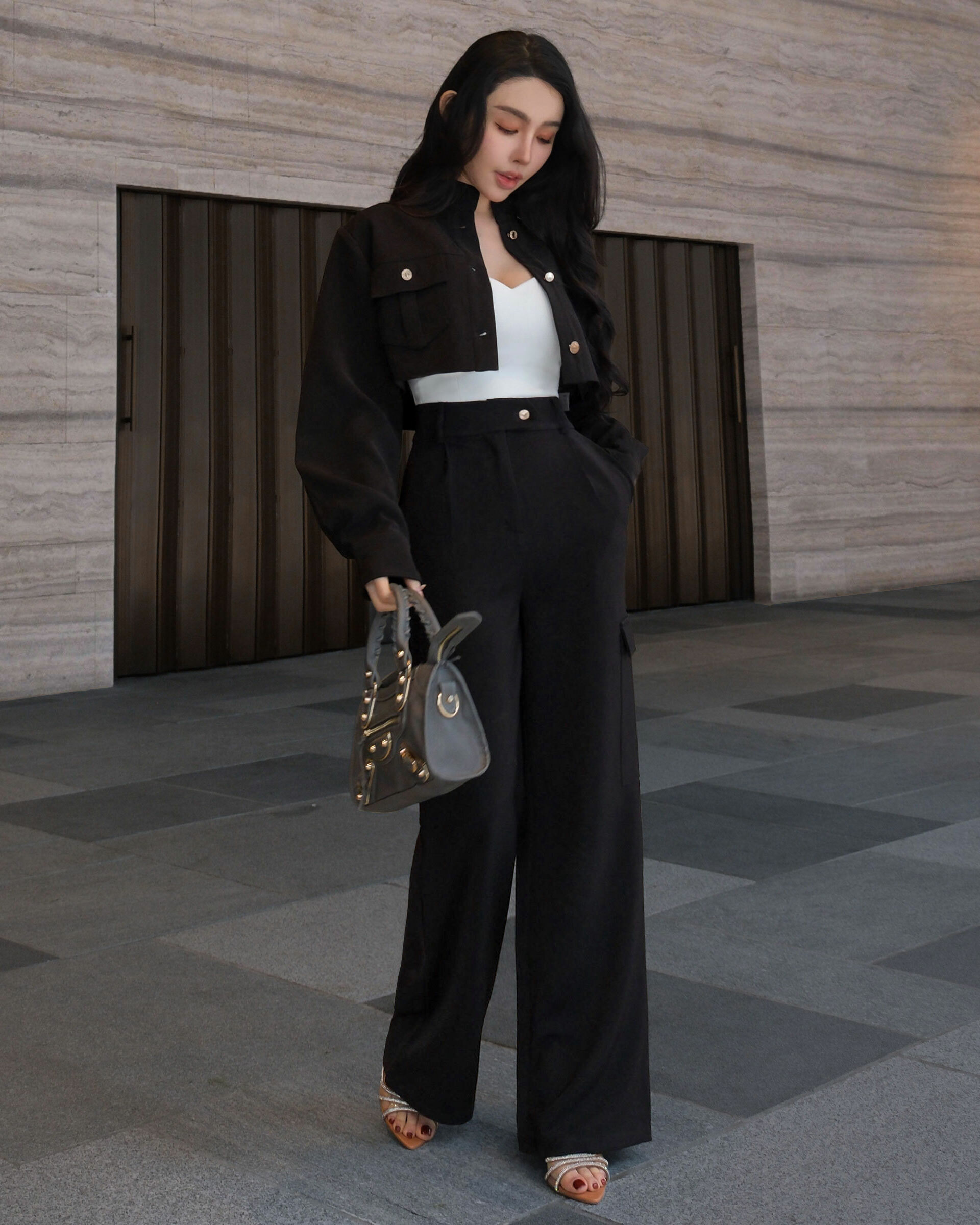 訂製-個性高腰金釦口袋寬褲