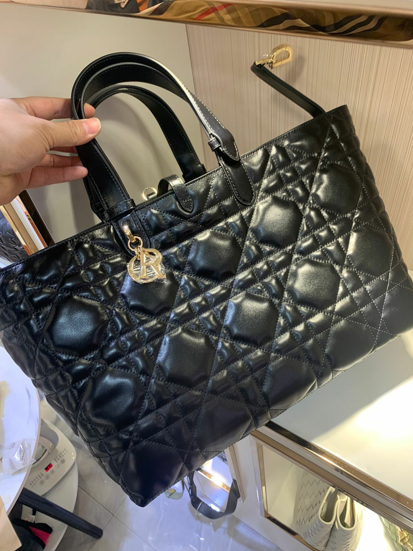 羊皮菱格紋大方包/托特包(黑/棕/藍)