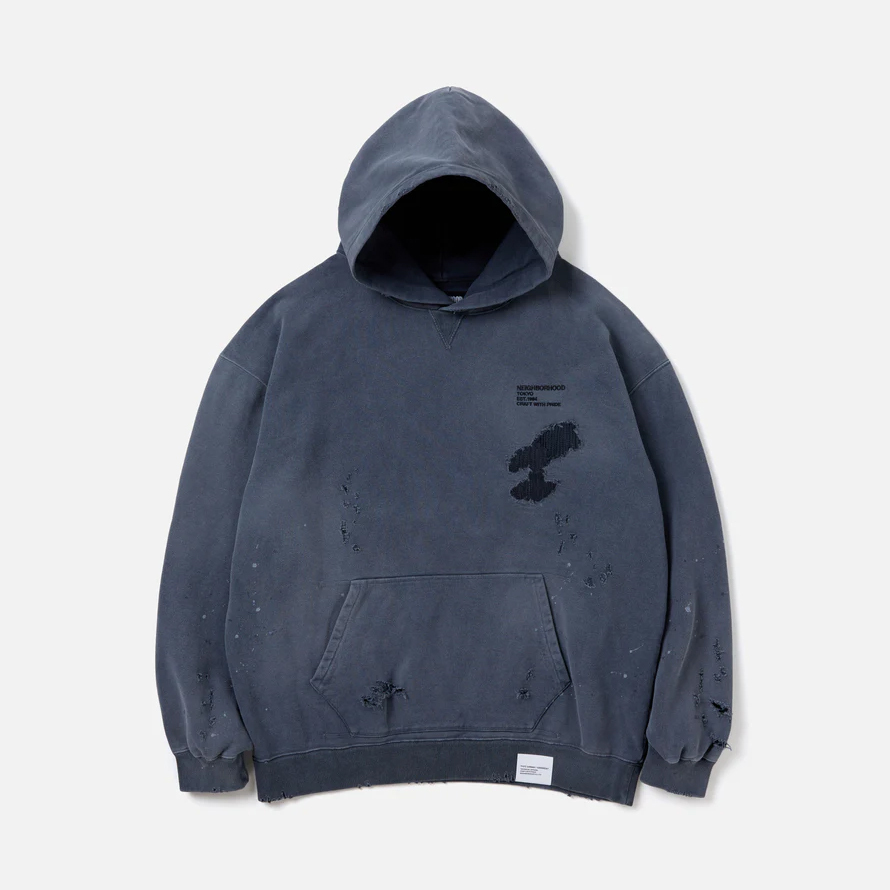 -(B3a03)-NEIGHBORHOOD SAVAGE SWEAT PARKA LS NBHD 24SS破壞仿舊 刷色 帽T 黑/灰-241OKNH-CSM02