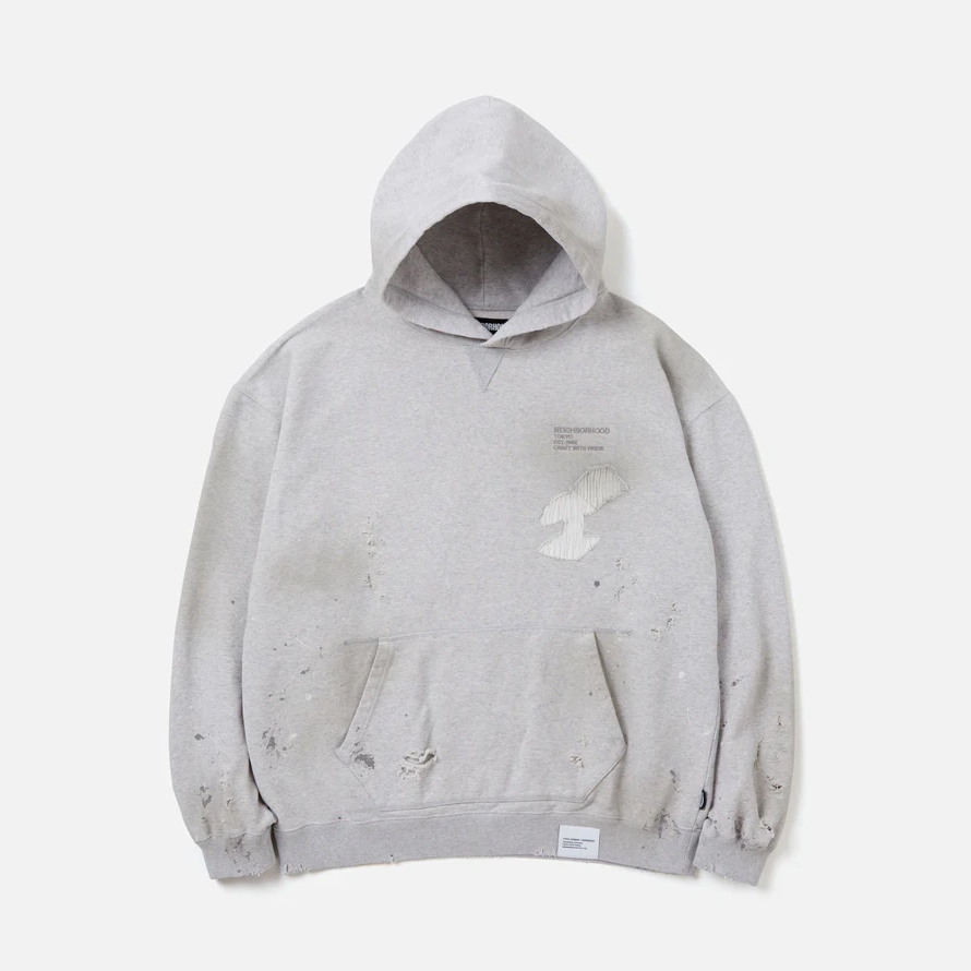 -(B3a03)-NEIGHBORHOOD SAVAGE SWEAT PARKA LS NBHD 24SS破壞仿舊 刷色 帽T 黑/灰-241OKNH-CSM02