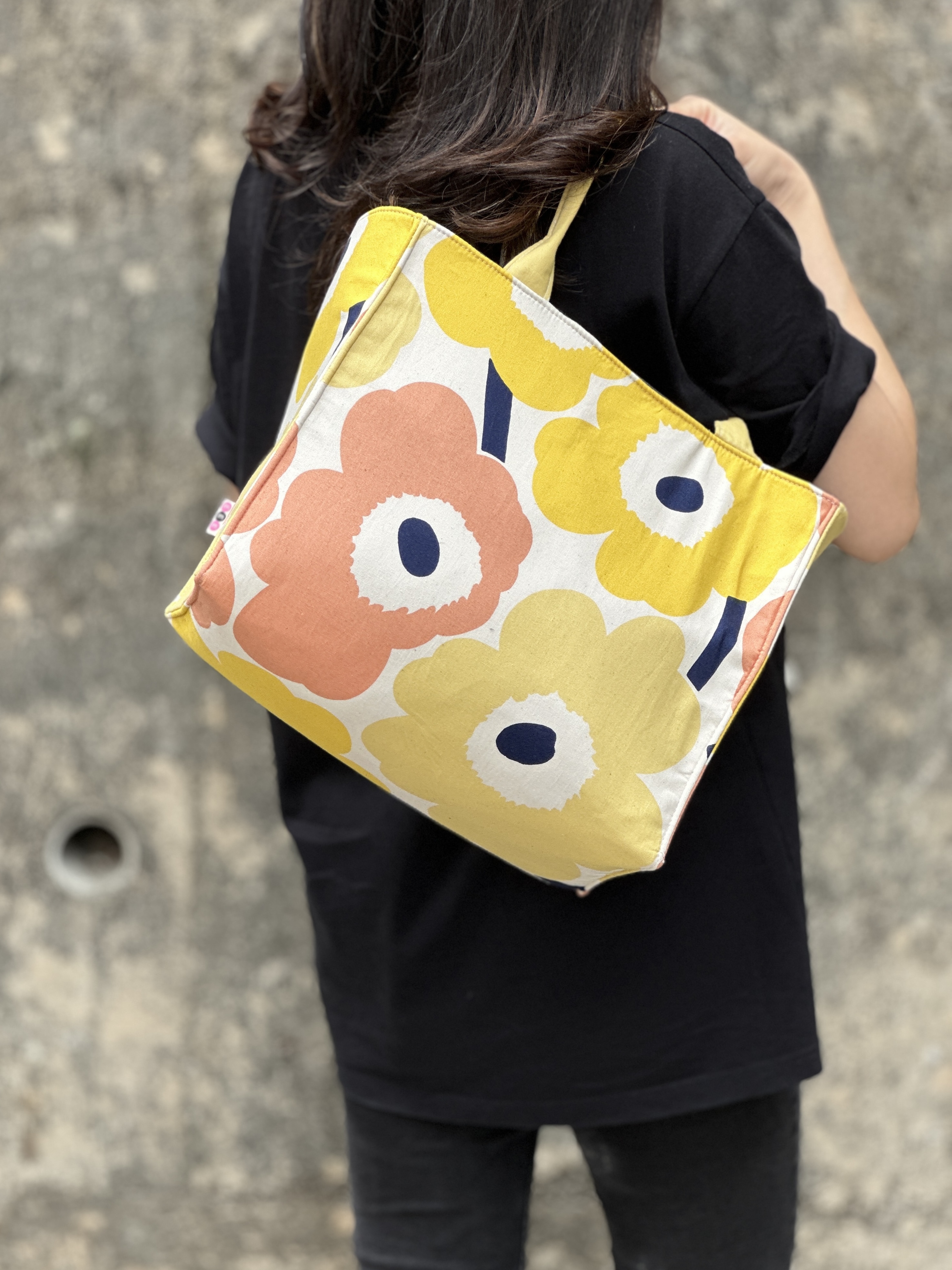 加厚版Shoulder box bag | marimekko cotton x linen fabric | light beige x yellow unikko
