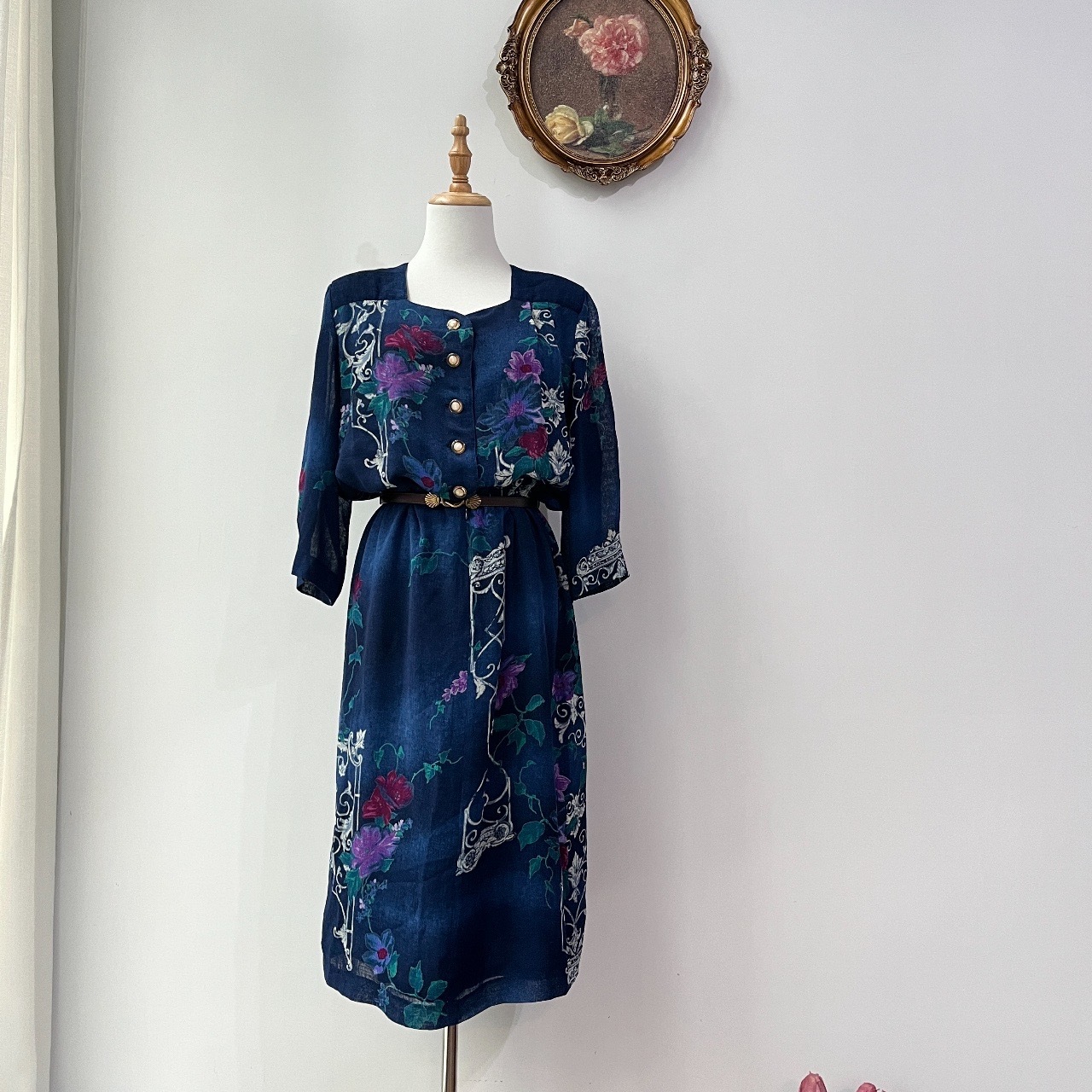 深藍色油畫花古著連身裙