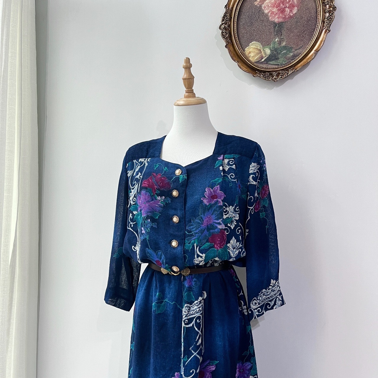 深藍色油畫花古著連身裙