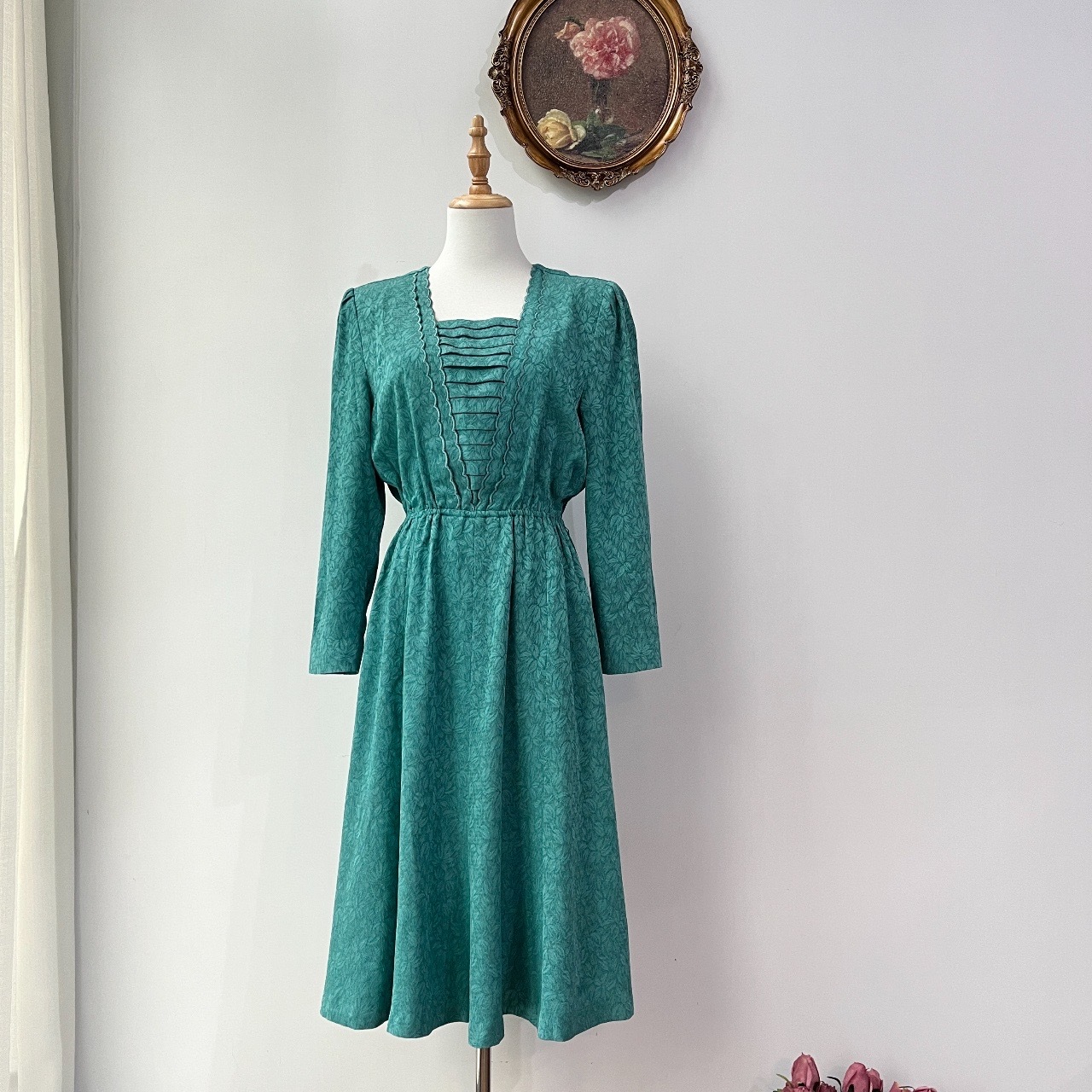 祖母綠葉紋日本古著連身裙