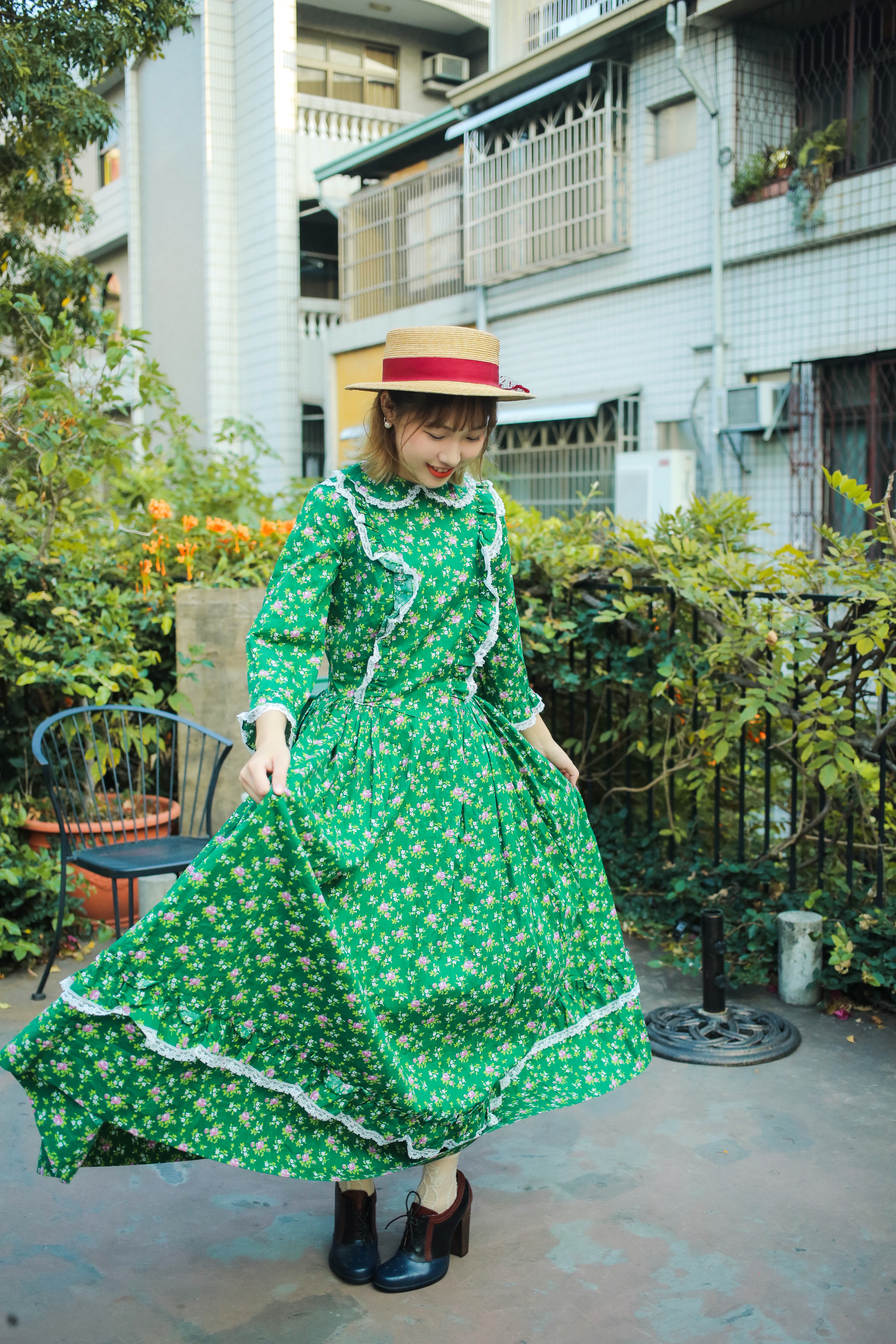 Vintage Dresses/古著草原風綠色碎花洋裝