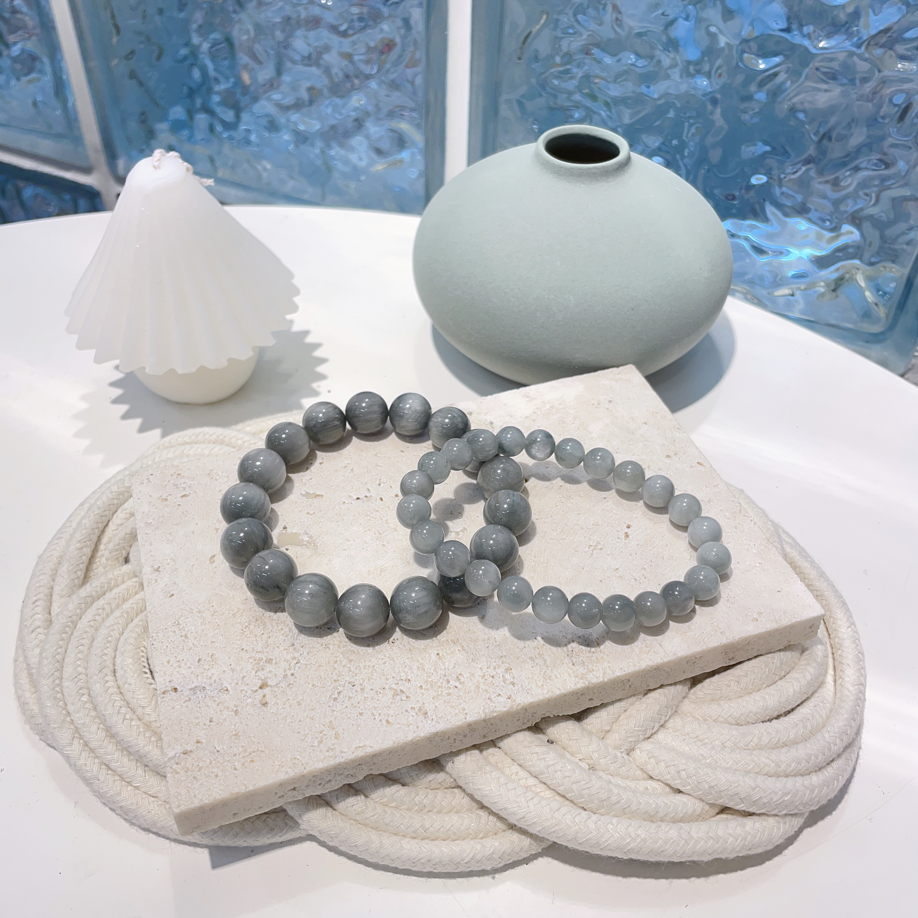 貓眼灰藍兔毛手串