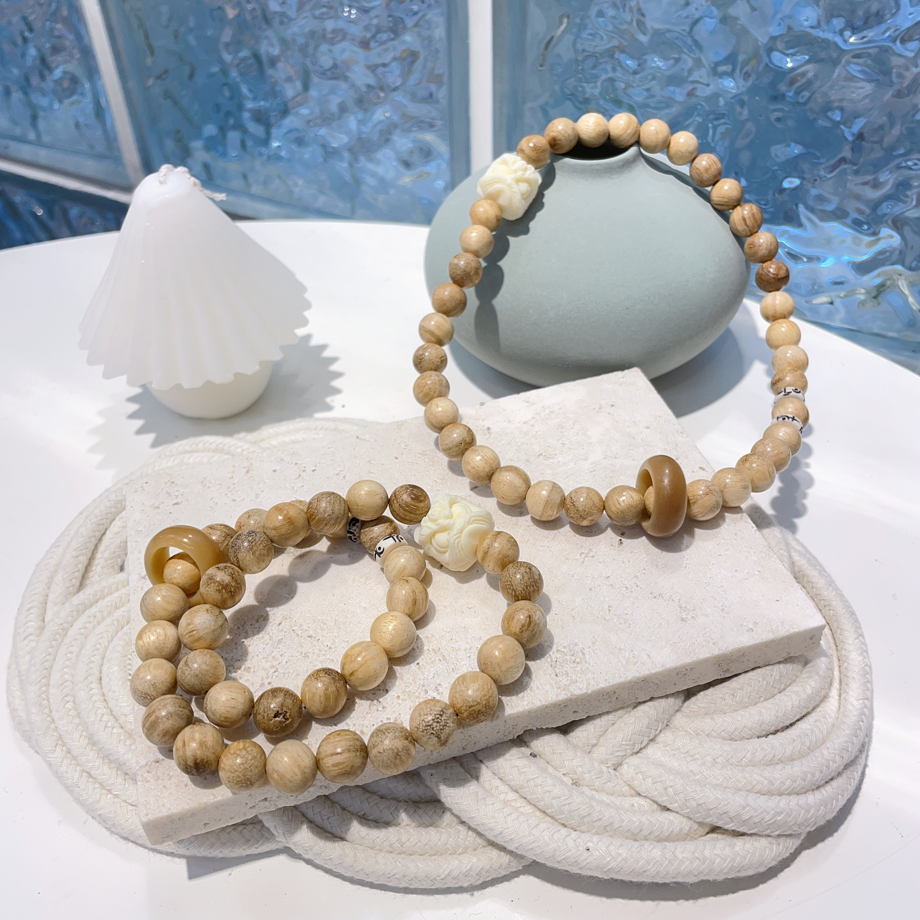 奶味沉香木菩提醒獅兩圈手串 9mm