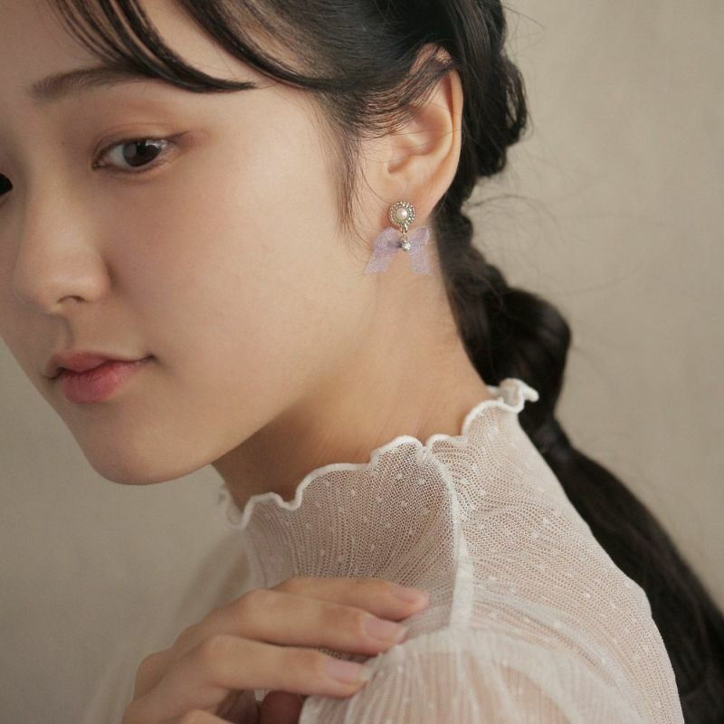 [日本制] 珍珠網紗蝴蝶結耳環