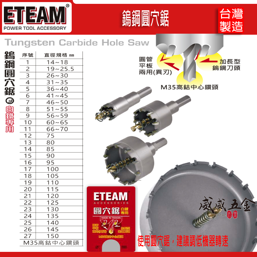 ETEAM 一等 台灣製｜直柄 14-150mm｜材質M35 異刃超硬鎢鋼圓穴鋸｜圓穴鑽頭 薄不鏽鋼用鑽尾