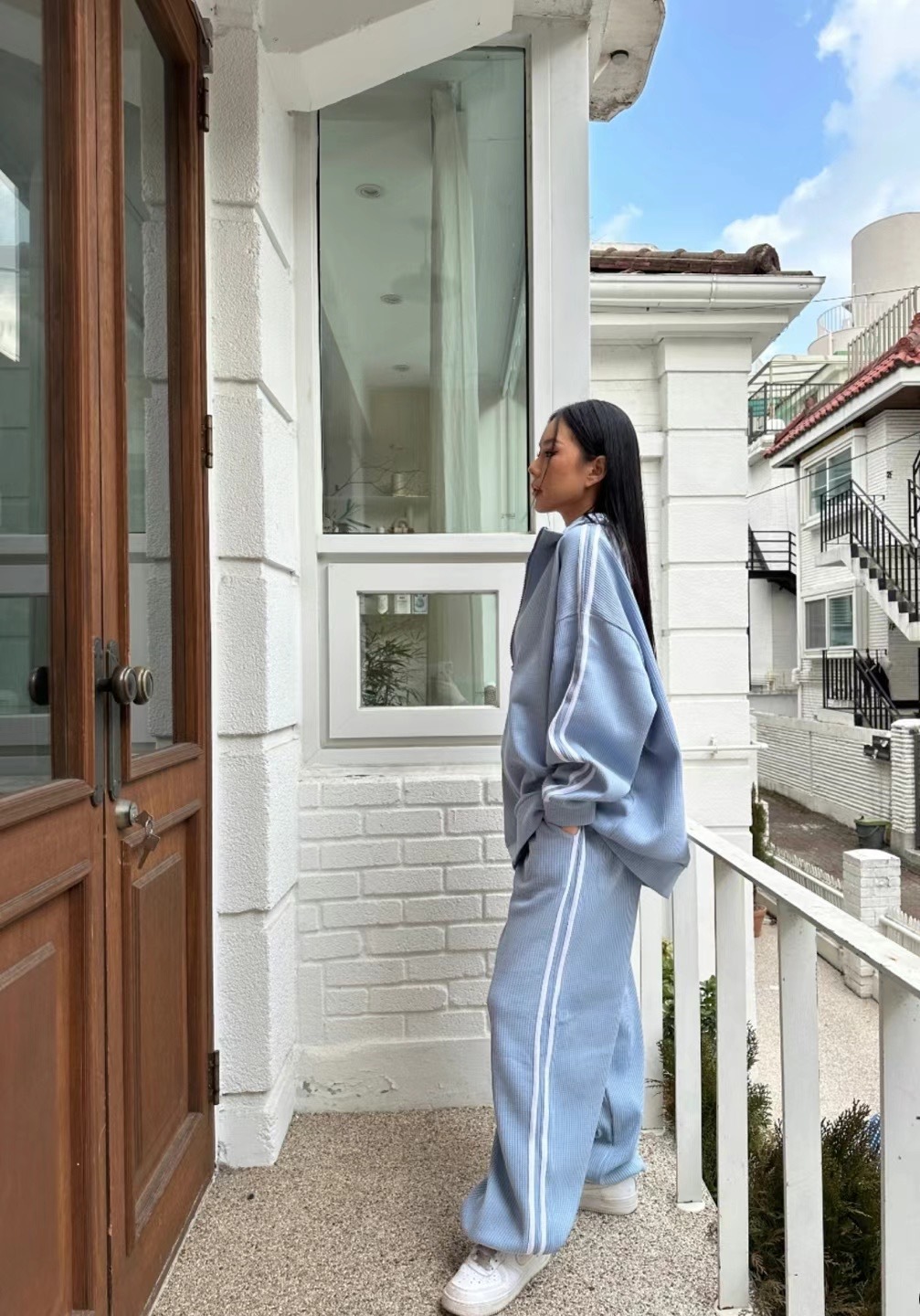 🇰🇷韓國 華夫格 雙線 立領 寬鬆 套裝