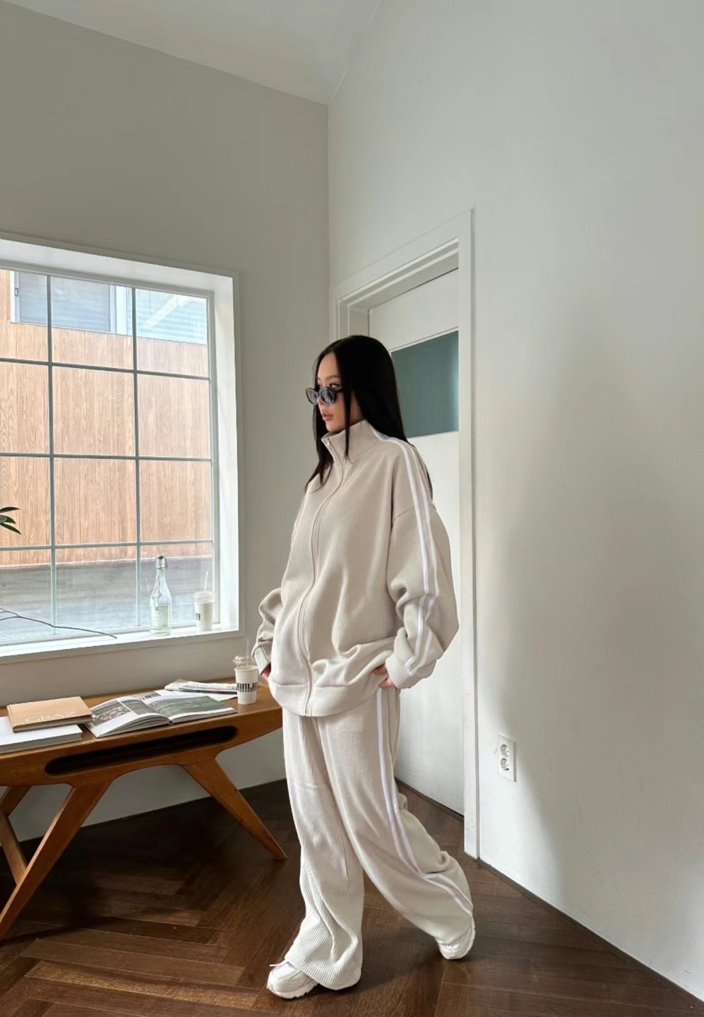 🇰🇷韓國 華夫格 雙線 立領 寬鬆 套裝