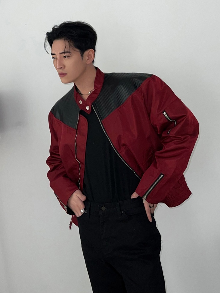 絎縫皮革混合騎士夾克外套