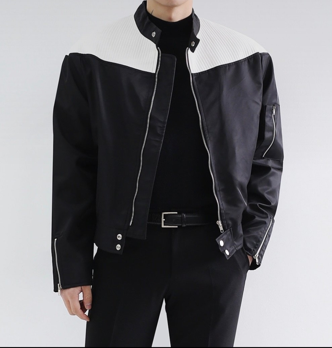 絎縫皮革混合騎士夾克外套