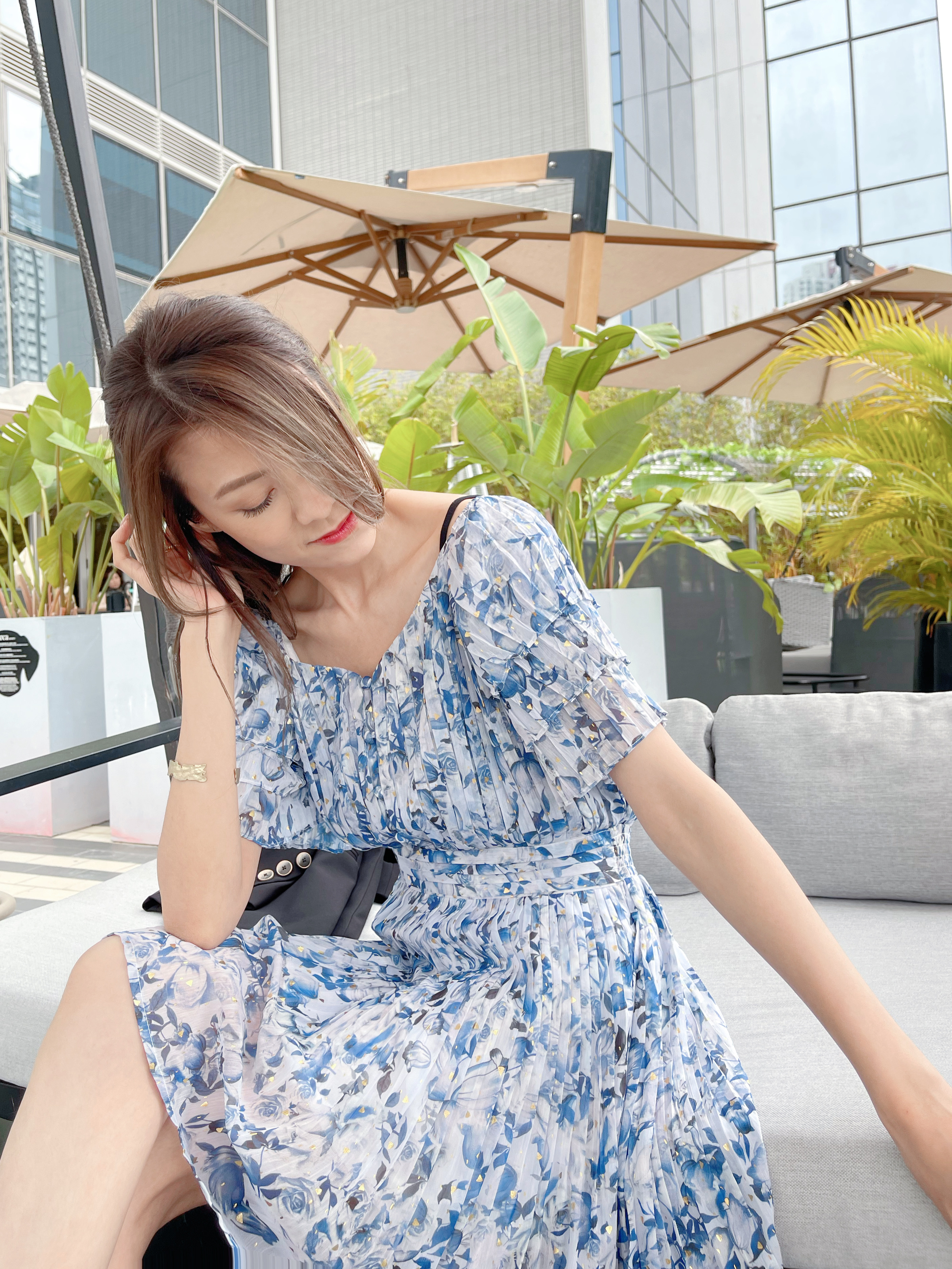 Frill Sleeves Floral Print Pleate Dress_DS225L09B