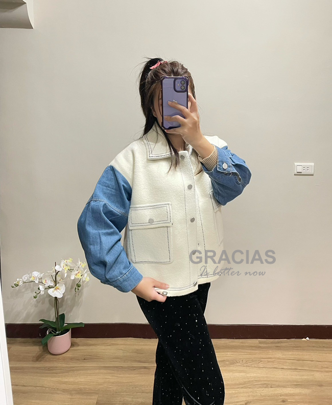 柔軟寶寶肌膚觸感厚實針織拼接牛仔外套-現貨(售完不補)