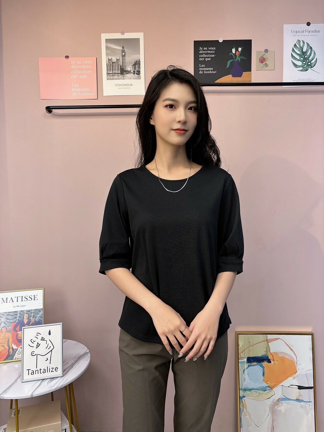 公主袖腰抓皺羅馬棉上衣(黑)