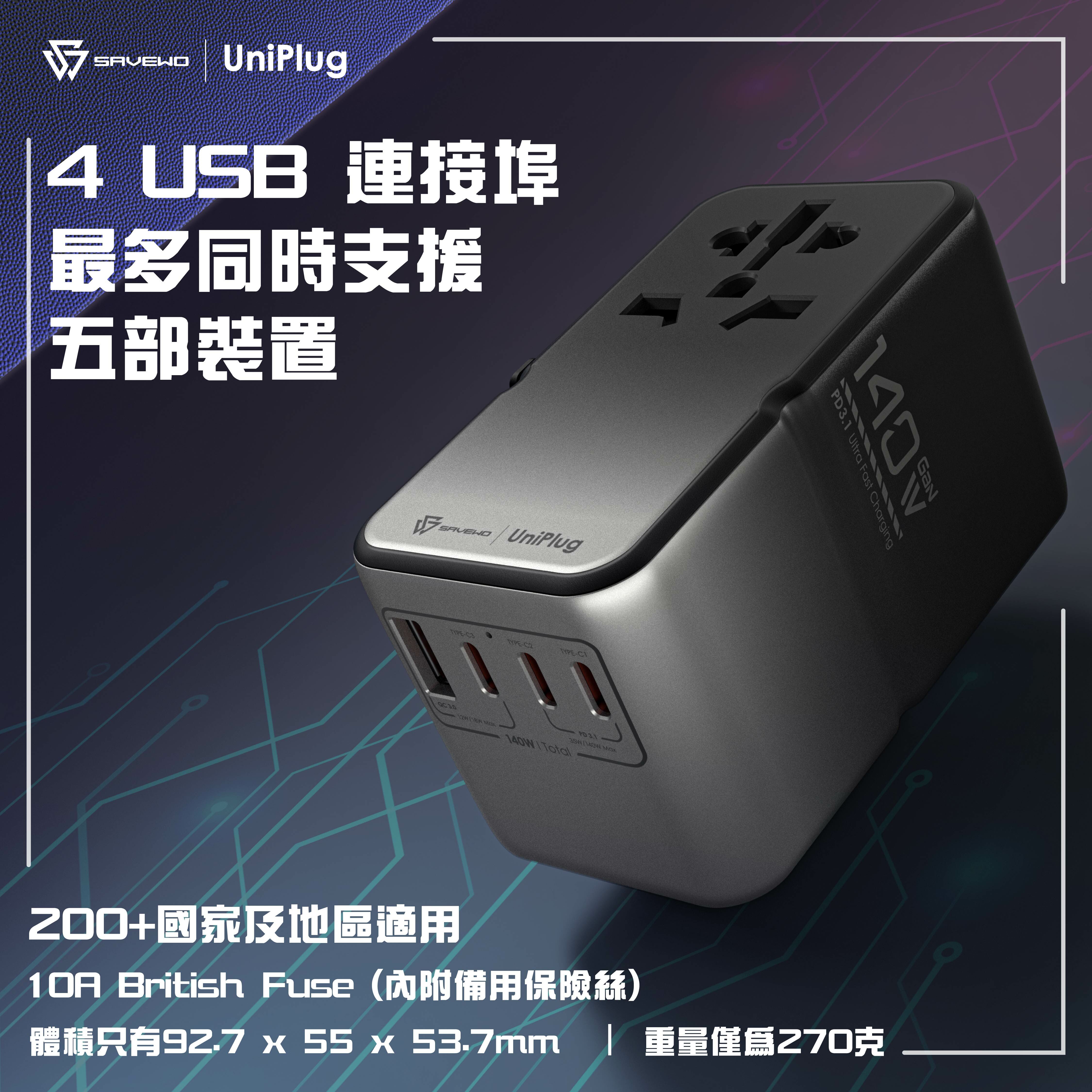 SAVEWO UniPlug UP140 PD3.1 [140W] 4 USB Global Travel  Fast Charging Plug