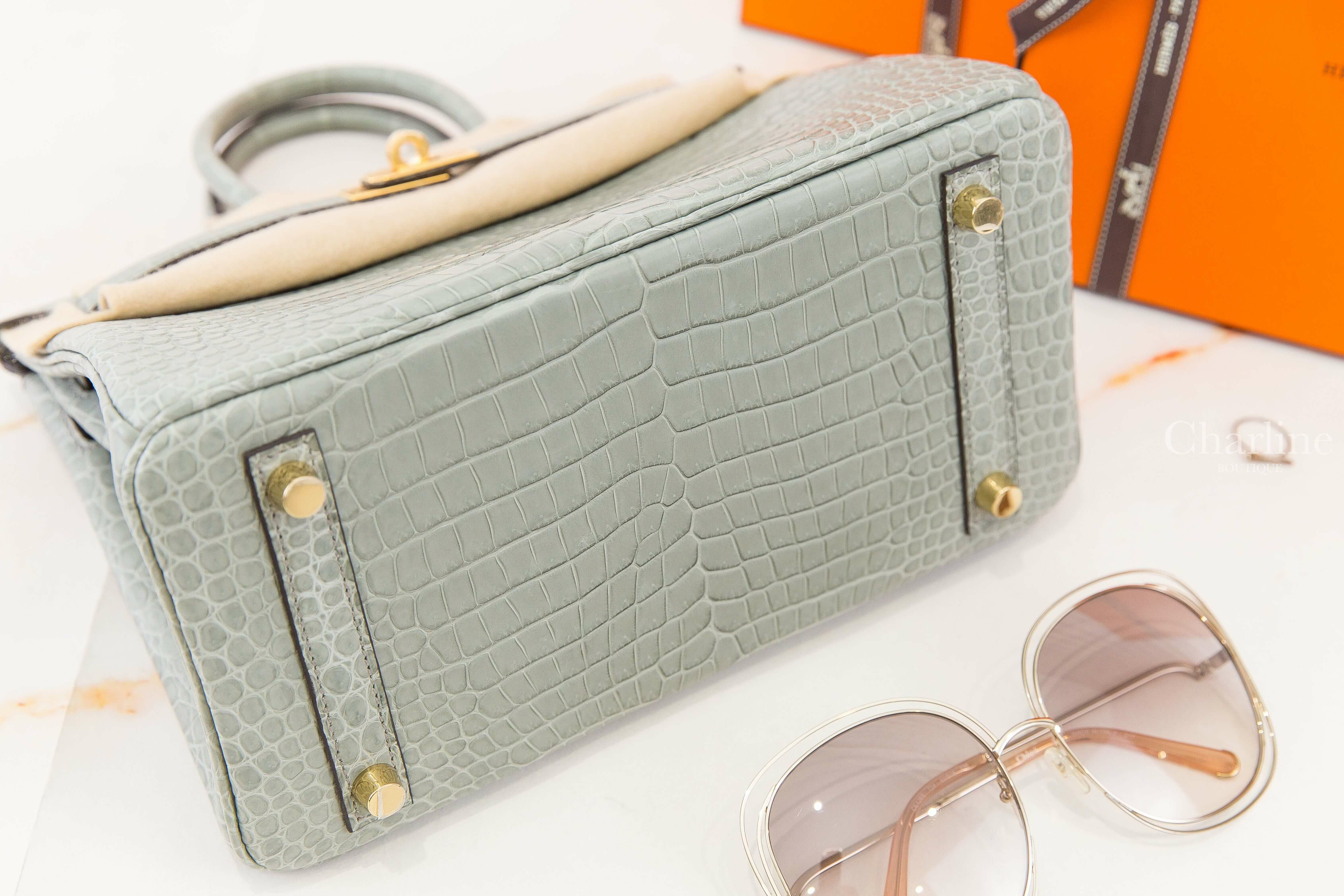 Hermès Birkin 25cm OV Gris Gris Ciment Crocodile Porosus Mat B刻水晶灰霧面倒V鱷魚金釦鉑金包-Charline Boutique 精品代購