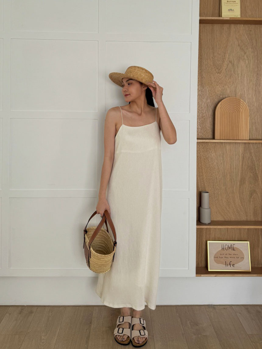 正韓-光澤麻料細肩洋裝*3色