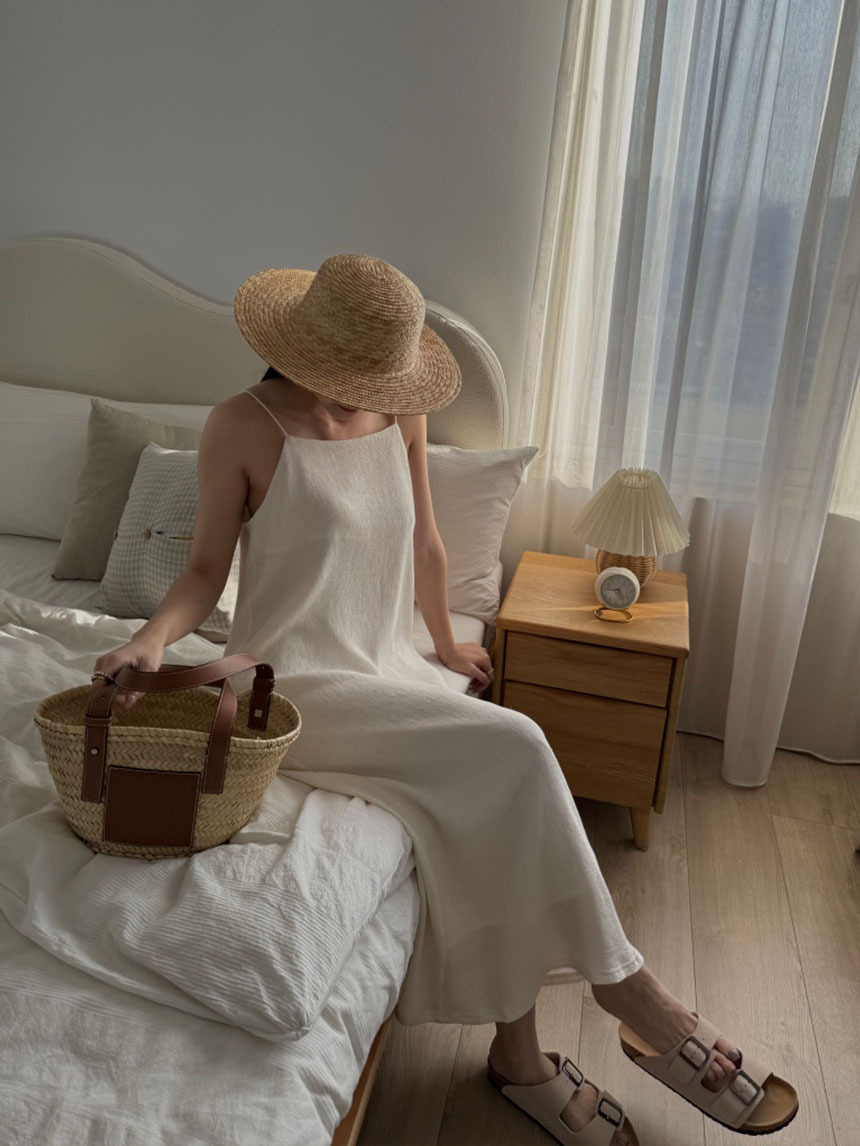 正韓-光澤麻料細肩洋裝*3色