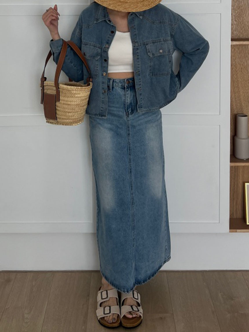 後開衩淺藍牛仔長裙