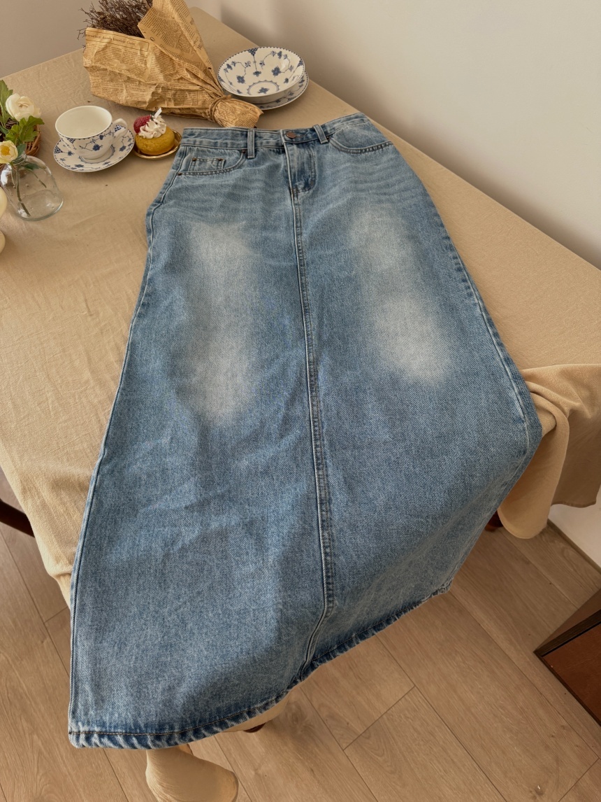 後開衩淺藍牛仔長裙