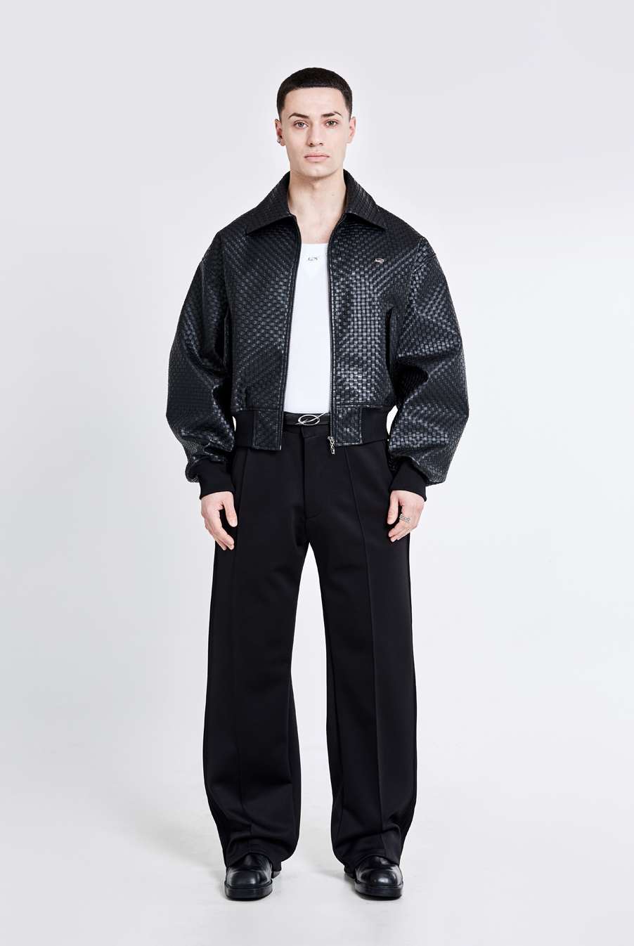 方格交織夾克 - 黑