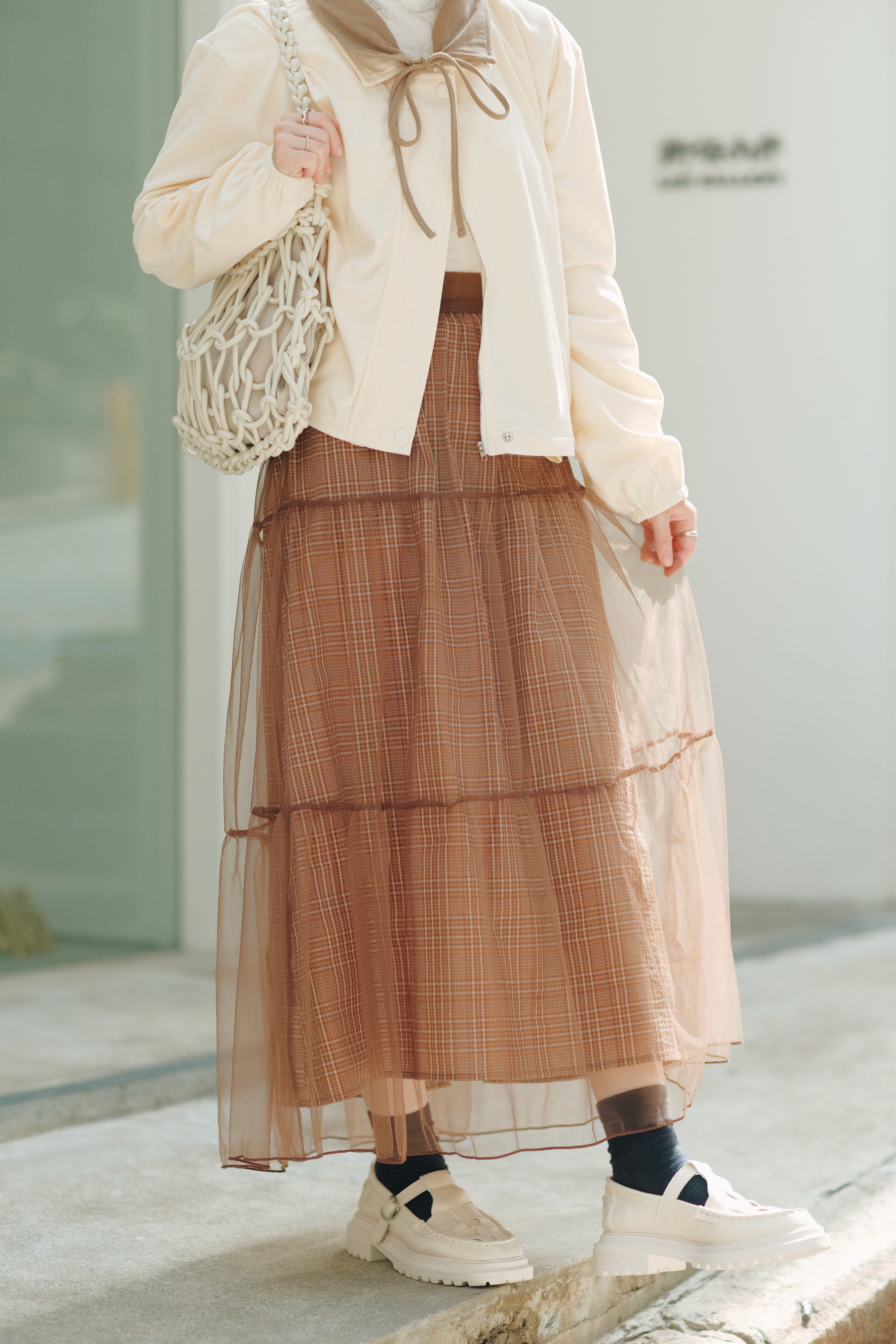 兩色／格子透紗半身長裙／Checkered Sheer Tiered Skirt