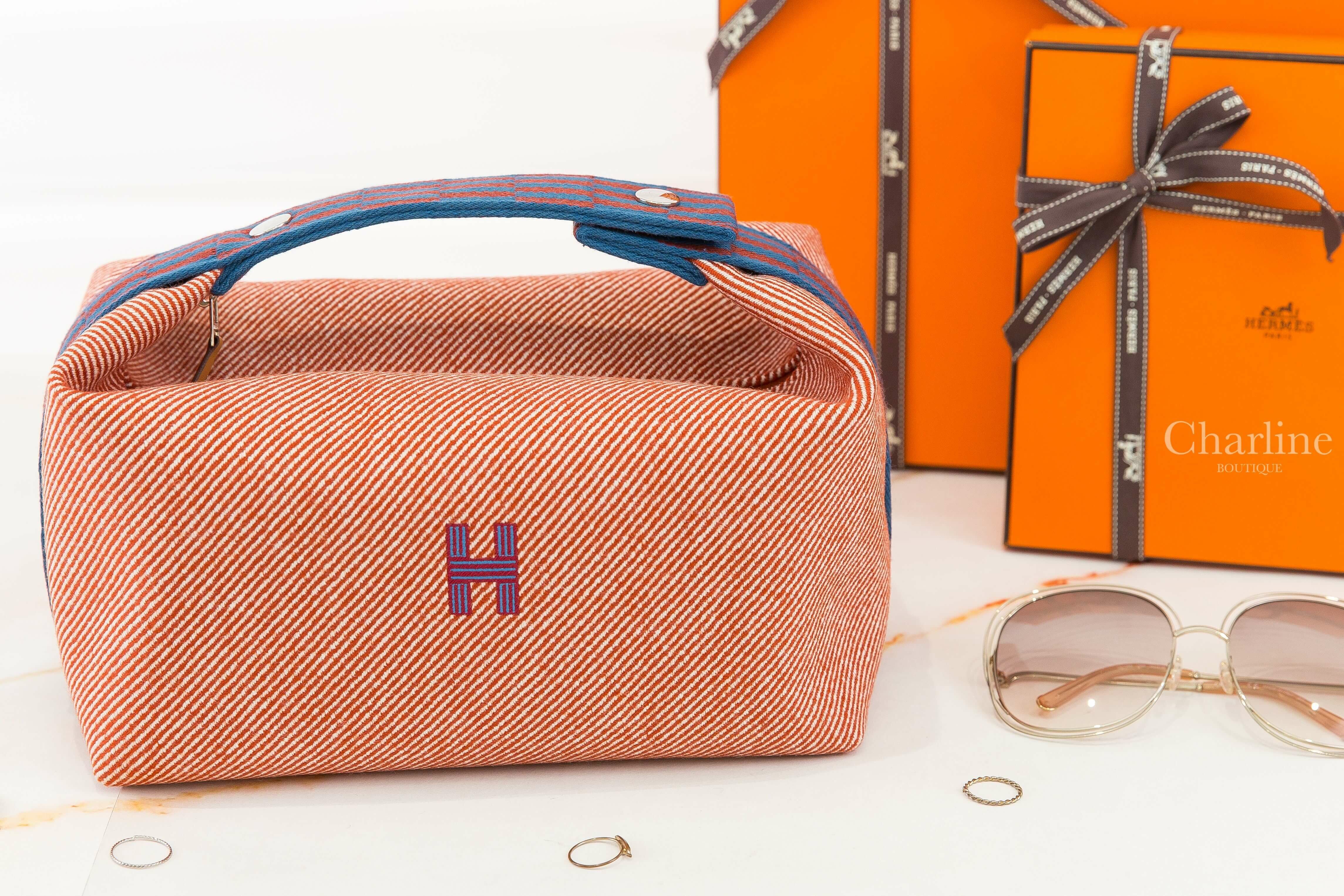 Hermès Bride A Brac H Natte Case, Large Model 蕃茄紅羊毛斜條紋藍字H紅藍編織條紋提把大型手提包