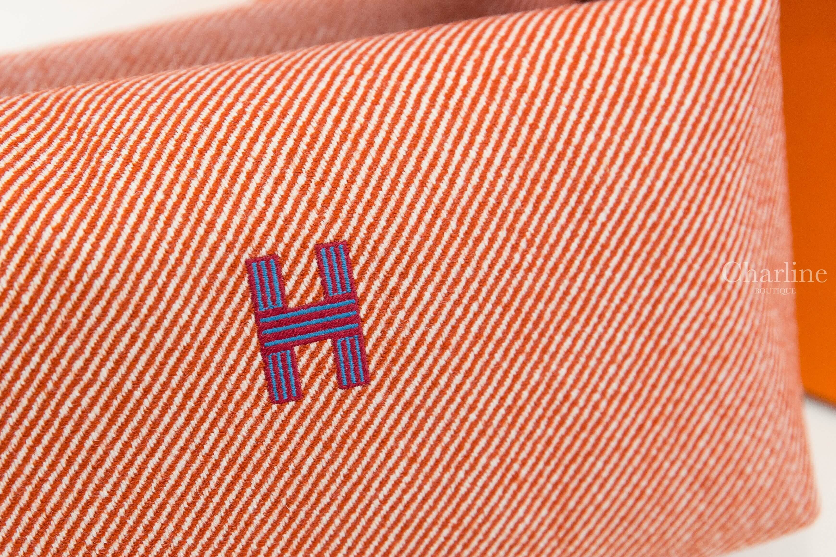 Hermès Bride A Brac H Natte Case, Large Model 蕃茄紅羊毛斜條紋藍字H紅藍編織條紋提把大型手提包